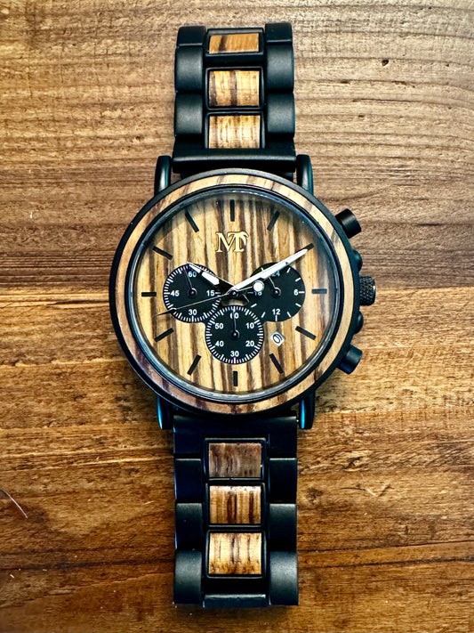 Zebra Wood & PVD Steel Chronograph 24hr Wood Watch