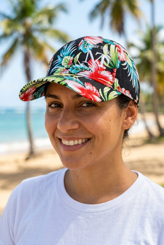 Floral Cap on a female beach model