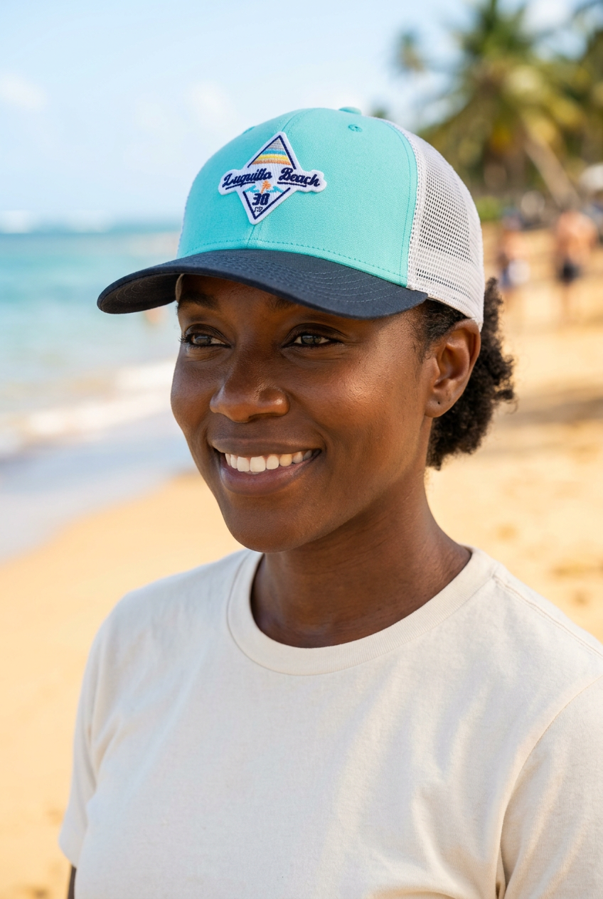 Turquoise Diamond 30 Cap on a female beach model