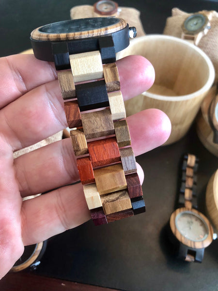 Multi Colored Day Date Wooden Watch  - Black Dial