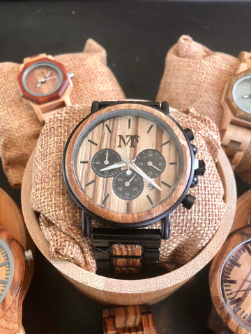 Chronograph Date Zebra Wood and Metal Watch